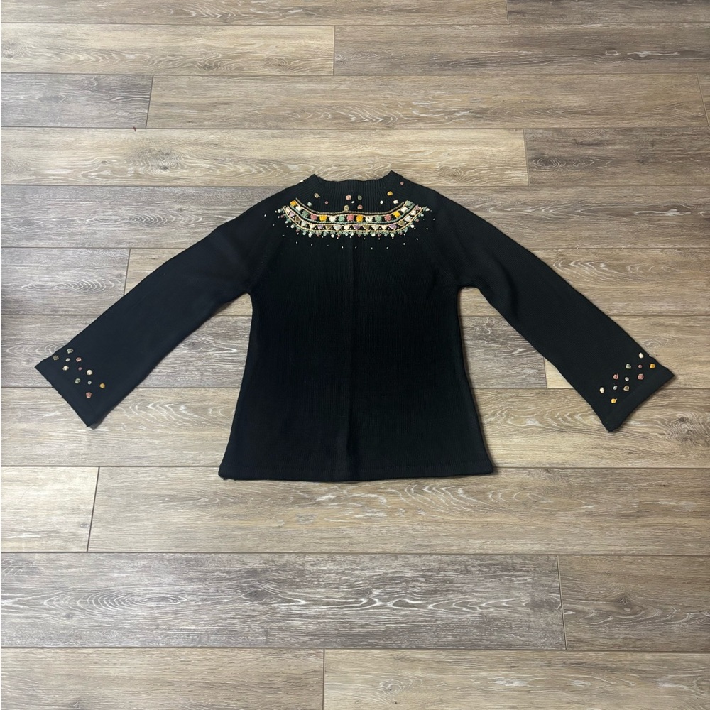 Pronto Sweater Sz L Black Embroidered Mock Neck Cottagecore Whimsigoth Vintage